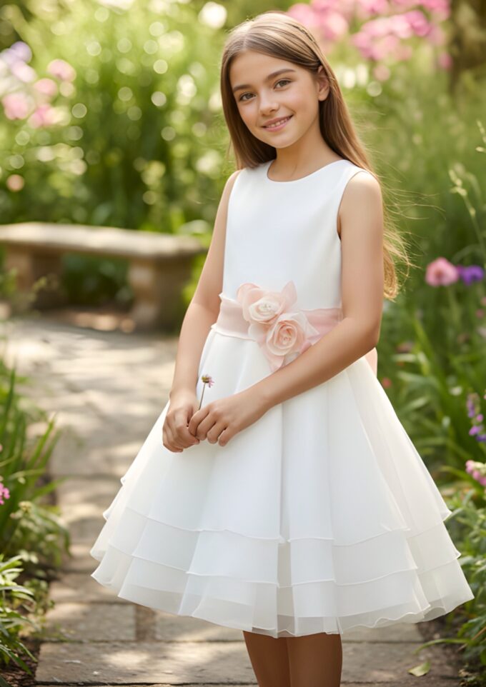 Abito Perla Bianco con Cintura Rosa