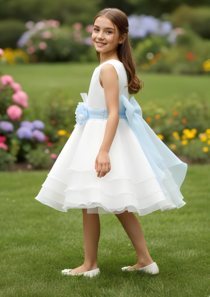 Abito Perla Bianco con Cintura Celeste