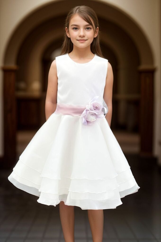 Abito Perla Bianco con Cintura Lilla